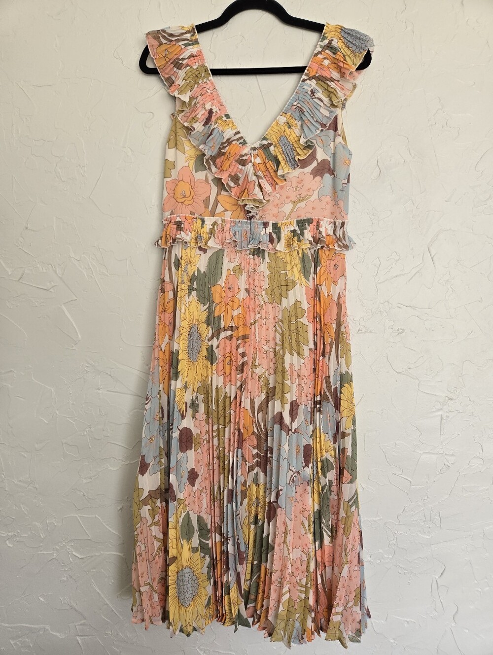 Sézane Floral Pleated Ruffle Pink Yellow Rachelle Dress, 6 - Picture 11 of 14